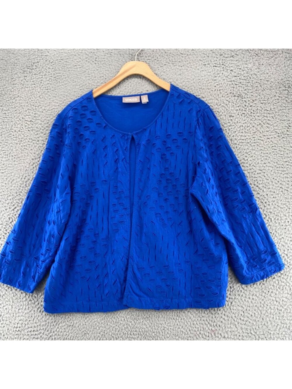 Chicos Sweater Womens 2 US Large Blue Embroidered Textured Eyelet Cotton Topper